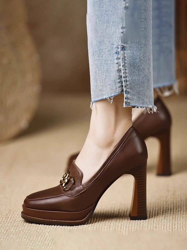 复古棕色高跟鞋女2025春季新款时尚百搭深口防水台真皮粗跟单鞋女,淘宝优惠券,粉丝福利购,淘宝优惠卷