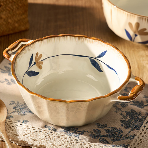 双耳汤碗家用2025新款高颜值陶瓷汤盆大号汤面碗釉下彩吃泡面大碗 - 图0