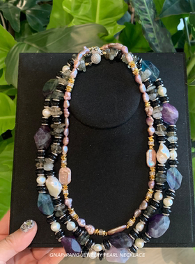 原创萤石黑玛瑙珍珠项链嘻哈男