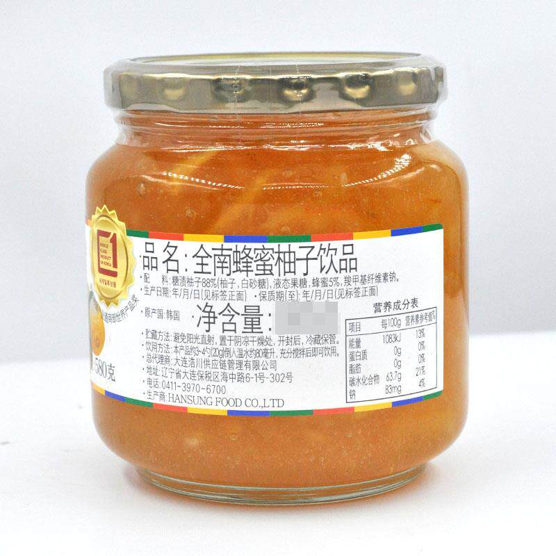 全南580g柠檬韩国进口水果茶柚子茶 齐鲁壮硕蜂蜜果味茶