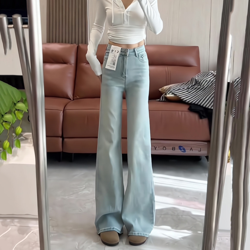 浅蓝色微喇牛仔裤女2025年新款春秋季复古弹力直筒不贴腿喇叭裤子,淘宝优惠券,粉丝福利购,淘宝优惠卷