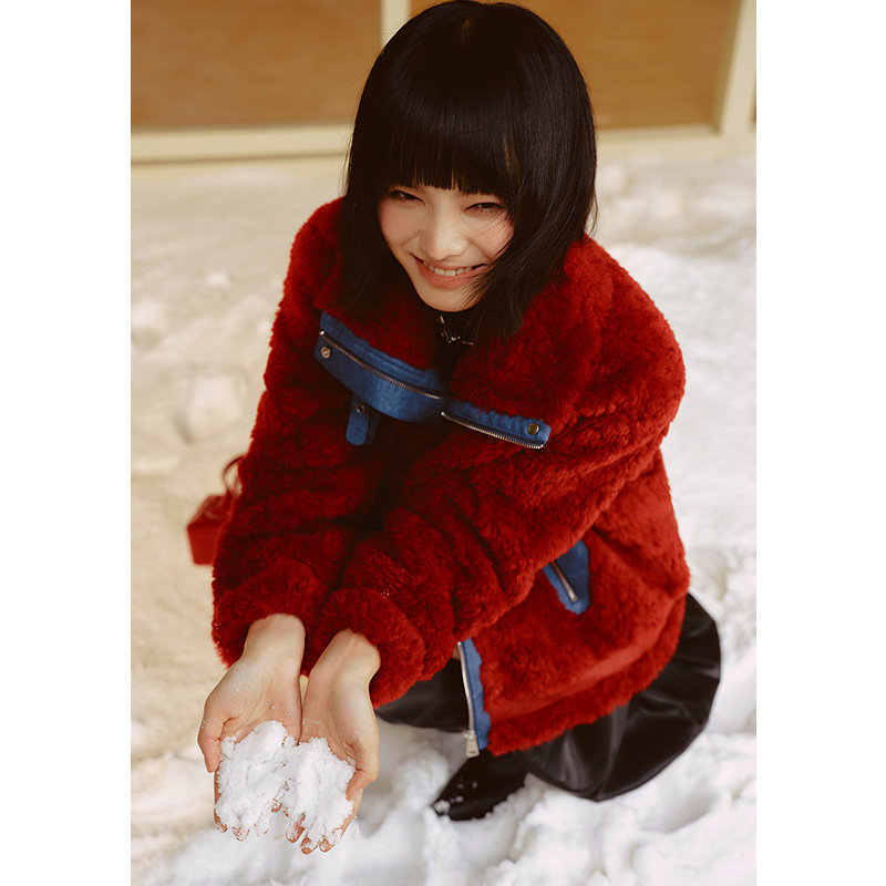 EF复古撞色拼接口袋设计羊羔毛大衣2025冬季新款保暖短款外套,淘宝优惠券,粉丝福利购,淘宝优惠卷