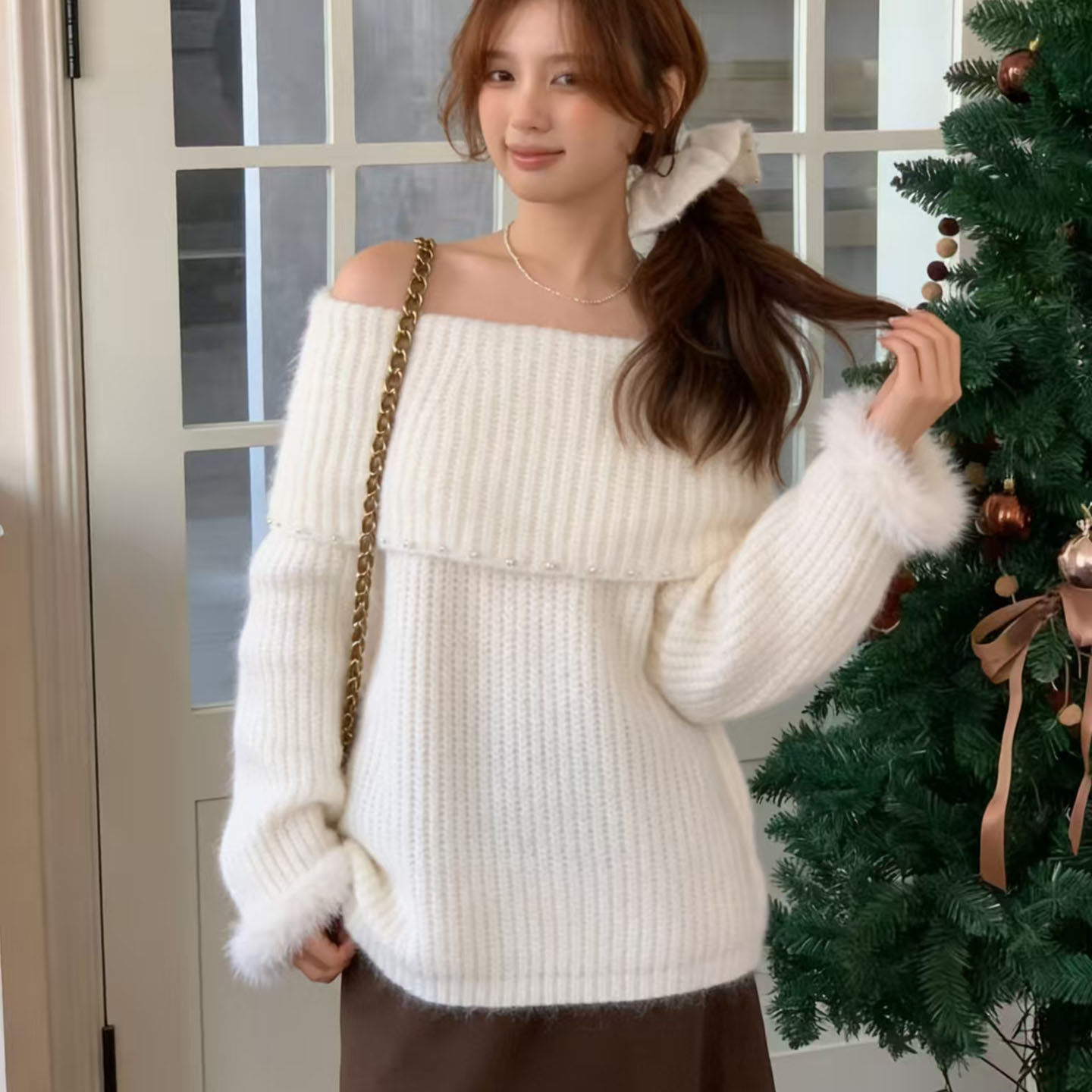 圣诞红色一字肩钉珠套头毛毛袖毛衣女慵懒风高级感气质针织衫上衣,淘宝优惠券,粉丝福利购,淘宝优惠卷