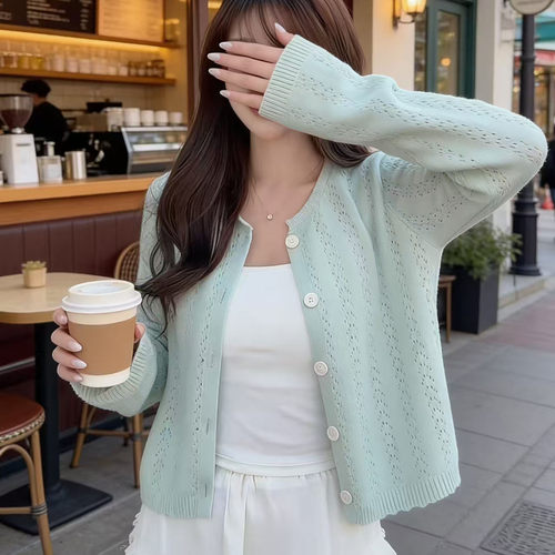 清新甜美韩系钩花镂空针织开衫女春夏新款温柔休闲百搭显瘦上衣潮 - 图3