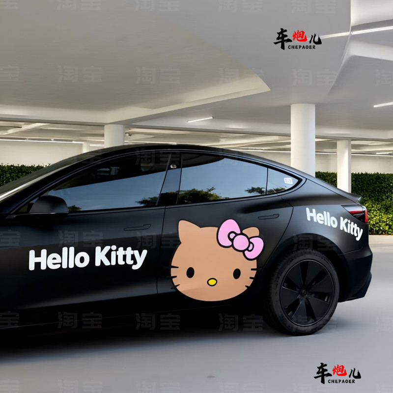适用特斯拉3Y个性卡通黑皮kitty猫车贴纸 蔚来es56智己L6改装拉花