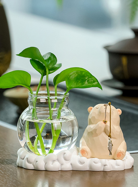 小猫钓鱼花瓶摆件书房桌面装饰品