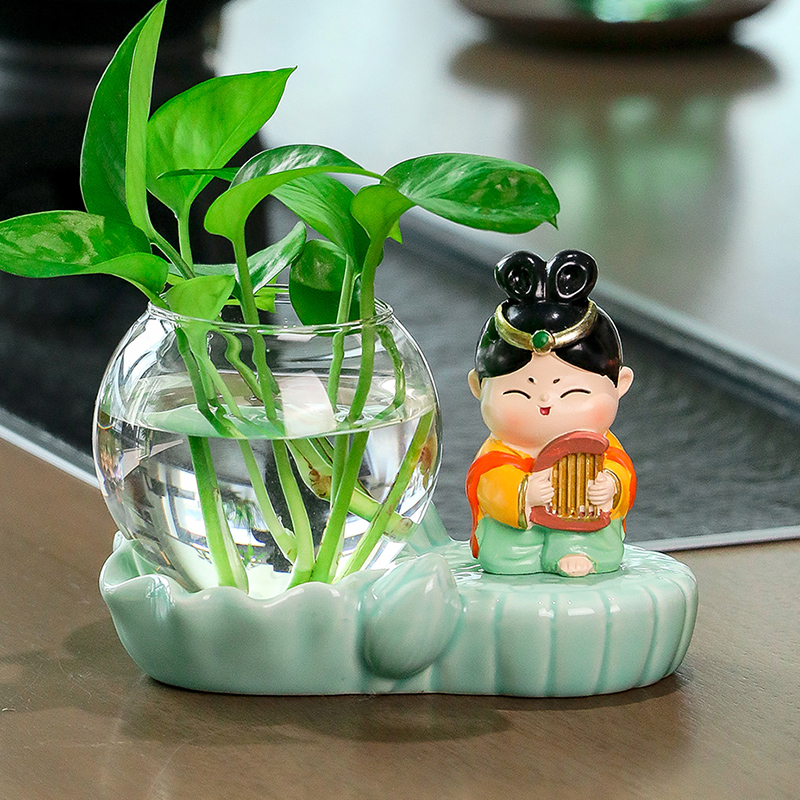 中式飞天唐小圆创意摆设家居客厅办公室桌面装饰水培绿萝花瓶摆件