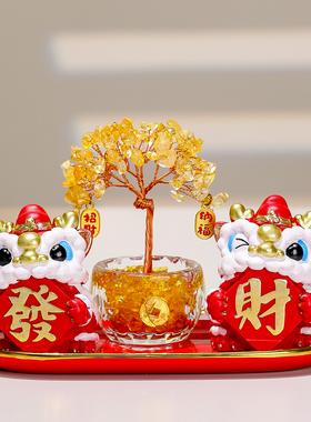 国潮醒狮水晶树办公室桌面小摆件