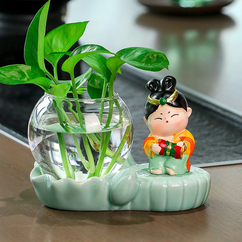 中式飞天唐小圆创意摆设家居客厅办公室桌面装饰水培绿萝花瓶摆件