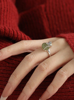 复古925银福袋碧玉国风开口戒指