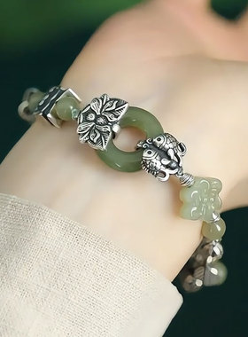 复古925银双鱼莲花扣头花苞手链