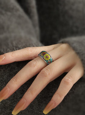 925银复古菊花叶子开口戒指女