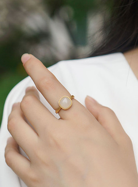 复古925银方糖玉髓开口戒指女