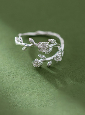 925银玫瑰花枝藤蔓设计开口戒女