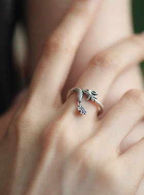 复古925银花朵狐狸开口食指戒女