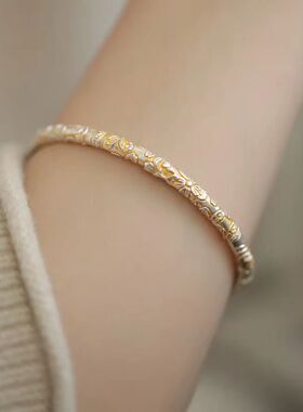 925银古法描金樱花刻开口手环女