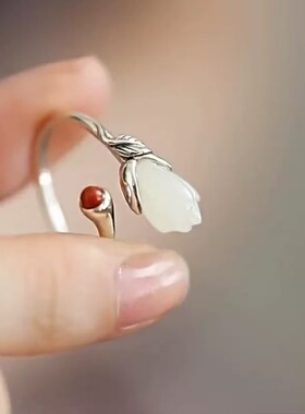 复古925银新中式国风玉兰花戒指