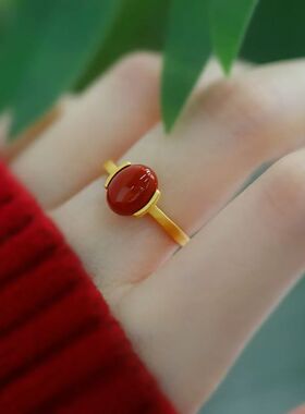 925银新中式小众蛋面南红戒指女