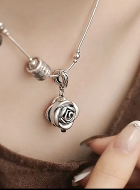 复古925银立体玫瑰花百搭项坠女
