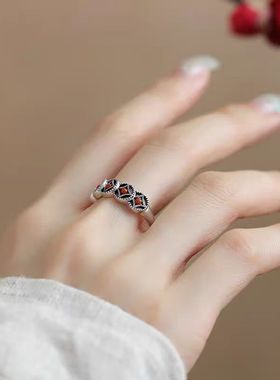 925银南红玛瑙铜钱币复古戒指女