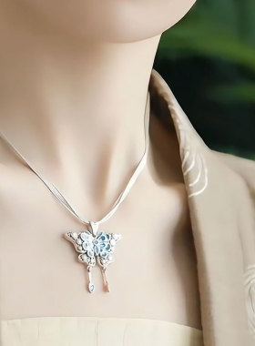 925银珐琅镂空蓝蝶新中式吊坠女