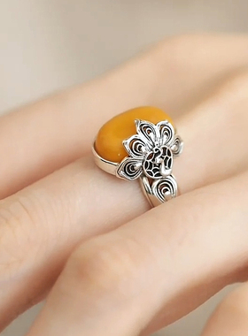 复古925银孔雀开屏蜜蜡蛋面戒指