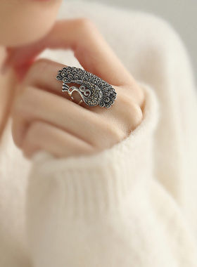 复古925银孔雀开屏开口戒指女