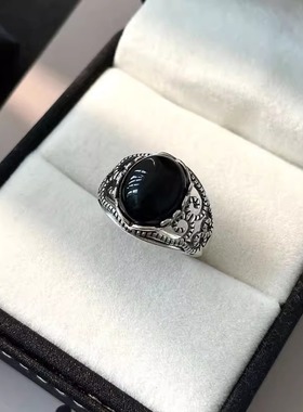 925银黑玛瑙蕾丝镂空开口戒指女