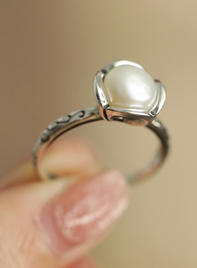 花苞925银简约轻奢天然珍珠戒指