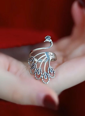 复古925银孔雀新中式国风开戒指