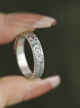 复古925银祥云纹浮雕开口戒指女