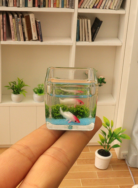 DollHouse微缩食玩1:12娃屋配件仿真迷你方形玻璃锦鲤金鱼缸模型