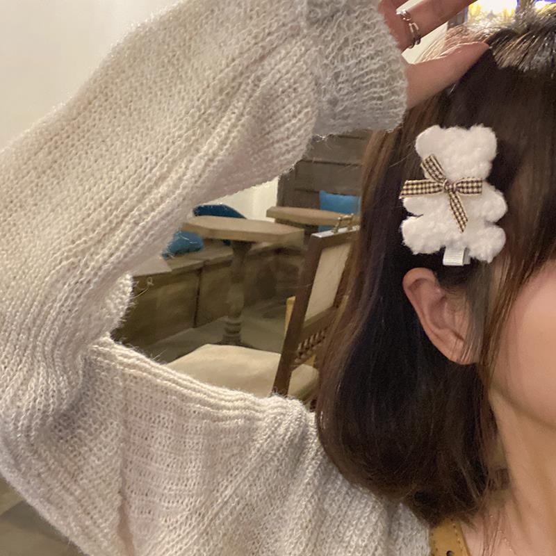 蝴蝶结甜美毛绒小熊发夹侧边秋冬可爱毛毛夹刘海夹鸭嘴发卡头饰女 - 图0