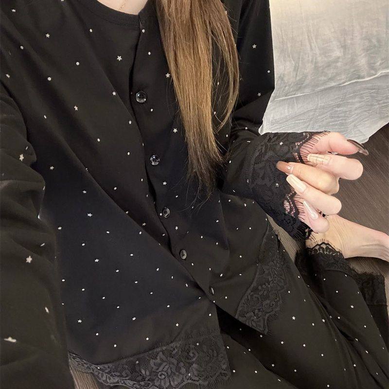 法式高级感星星印花带胸垫睡衣女春秋款蕾丝边长袖长裤家居服套装,淘宝优惠券,粉丝福利购,淘宝优惠卷