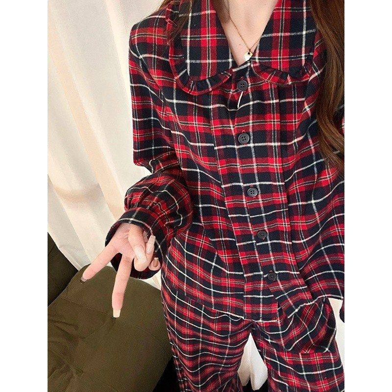 高级感撞色格子娃娃领开衫睡衣女春秋季休闲舒适家居服套装可外穿,淘宝优惠券,粉丝福利购,淘宝优惠卷