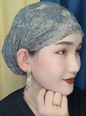 遮白发蕾丝包头帽春夏复古镂空头巾帽洋气大花朵薄头套女套头帽子