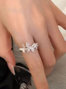 「旧梦星匣」复古银色多蝴蝶戒指女小众高级感精致爆闪食指戒