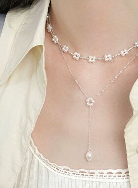 韩系ins珍珠编织小花项链叠戴女温柔设计小众锁骨链气质通勤颈链