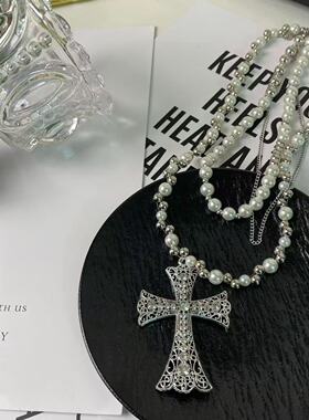 珍珠十字架项链女长款多层叠戴小众卫衣链哥特亚比配饰