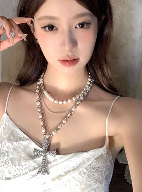 【蜜桃茶】巴洛克公主 重工珍珠十字架项链长款双层叠戴夸张颈链