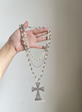 法式巴洛克双层撞色珍珠choker十字架项链女小众高级设计感毛衣链