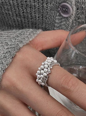 轻奢高级感珍珠戒指女小众设计ins风开口可调节食指指环个性戒子