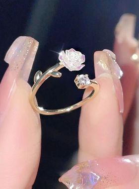 山茶花开口戒指女可调节小众设计时尚个性轻奢高级感锆石食指戒