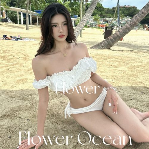 【恋人】韩系性感纯欲风白色抹胸bikini两件套温泉度假泳衣 - 图2