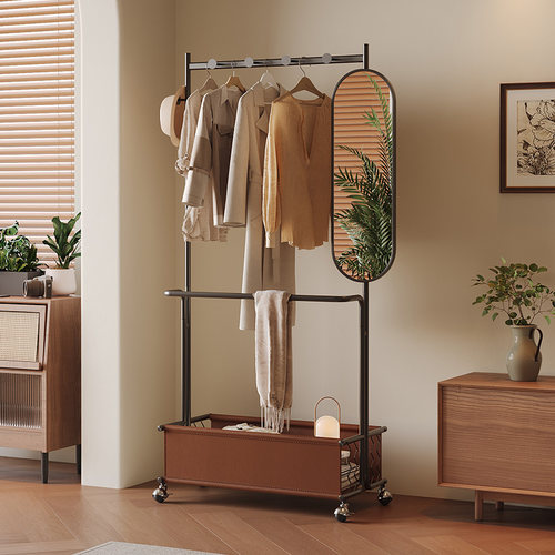 中古风卧室落地衣帽架穿衣镜一体衣服收纳架子高级感可移动挂衣架 - 图1
