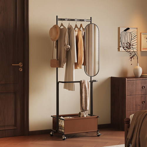 中古风卧室落地衣帽架穿衣镜一体衣服收纳架子高级感可移动挂衣架 - 图0