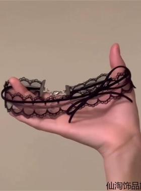 纯欲甜心锁骨链配饰choker脖子配饰女甜美颈链黑色蝴蝶结蕾丝项圈