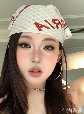 y2k千禧辣妹字母格纹头巾红白