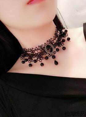 日系网红软妹风饰品黑色蕾丝星星吊坠颈链短款锁骨链项链女