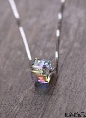 S镀银炫彩极光方糖项链女夏韩国魔方水晶锁骨链子轻奢小众
